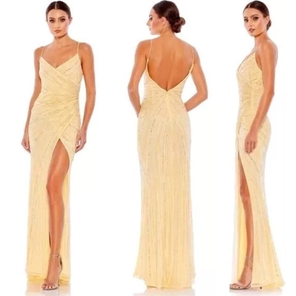 Mac Duggal beaded sequin detail yellow slit spaghetti strap gown dress - Picture 3 of 3